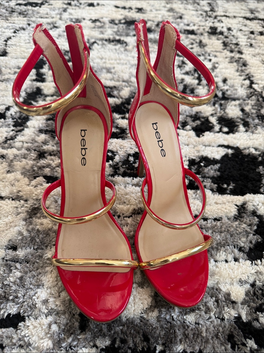 bebe Red Patent Heels with Gold Accent Straps